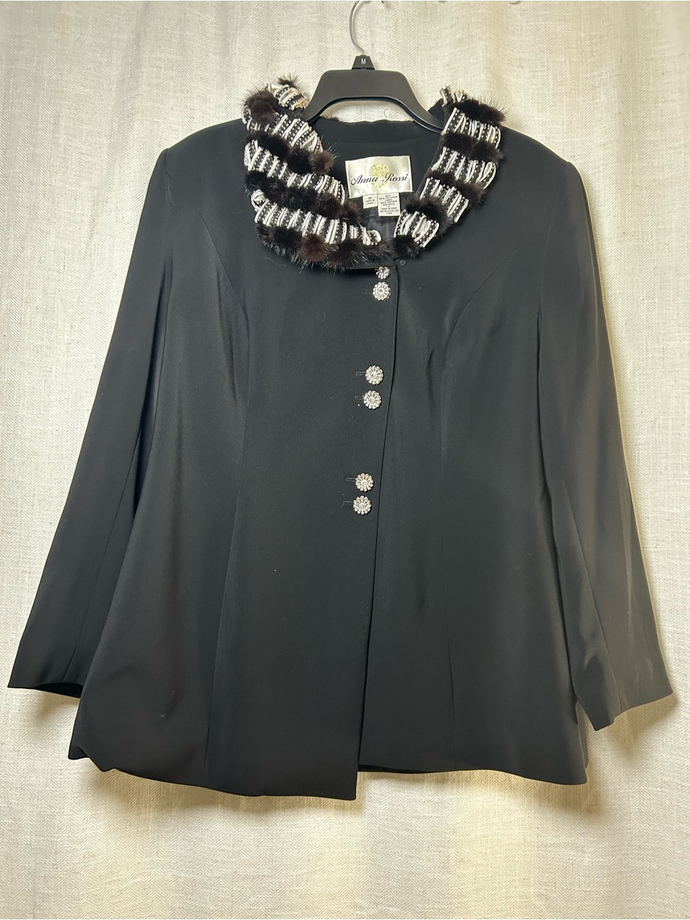 Anna Rossi Vintage Black Blazer Faux Fur Rhinestone Collar Jacket 16